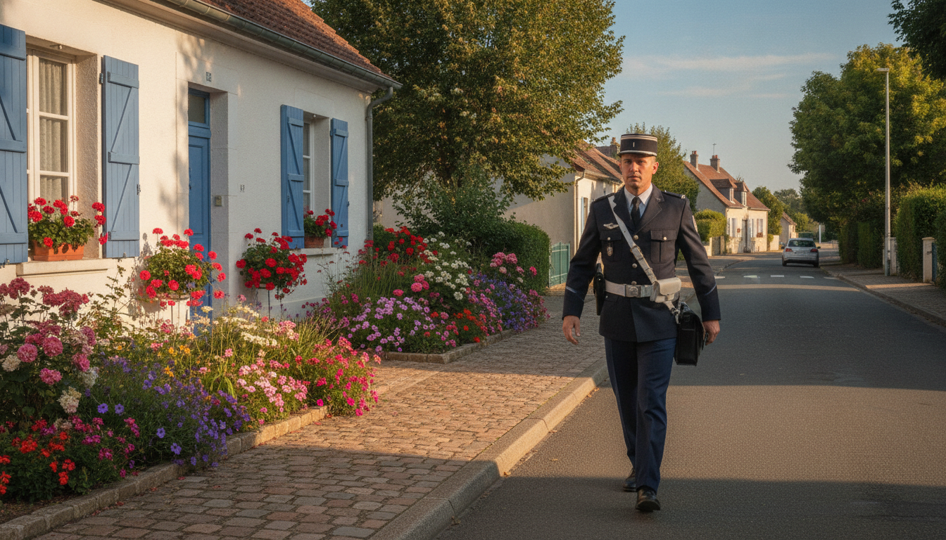Gendarme effectuant une ronde devant une maison en été