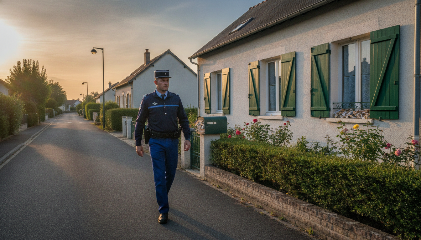 Gendarme en patrouille devant une maison fermée
