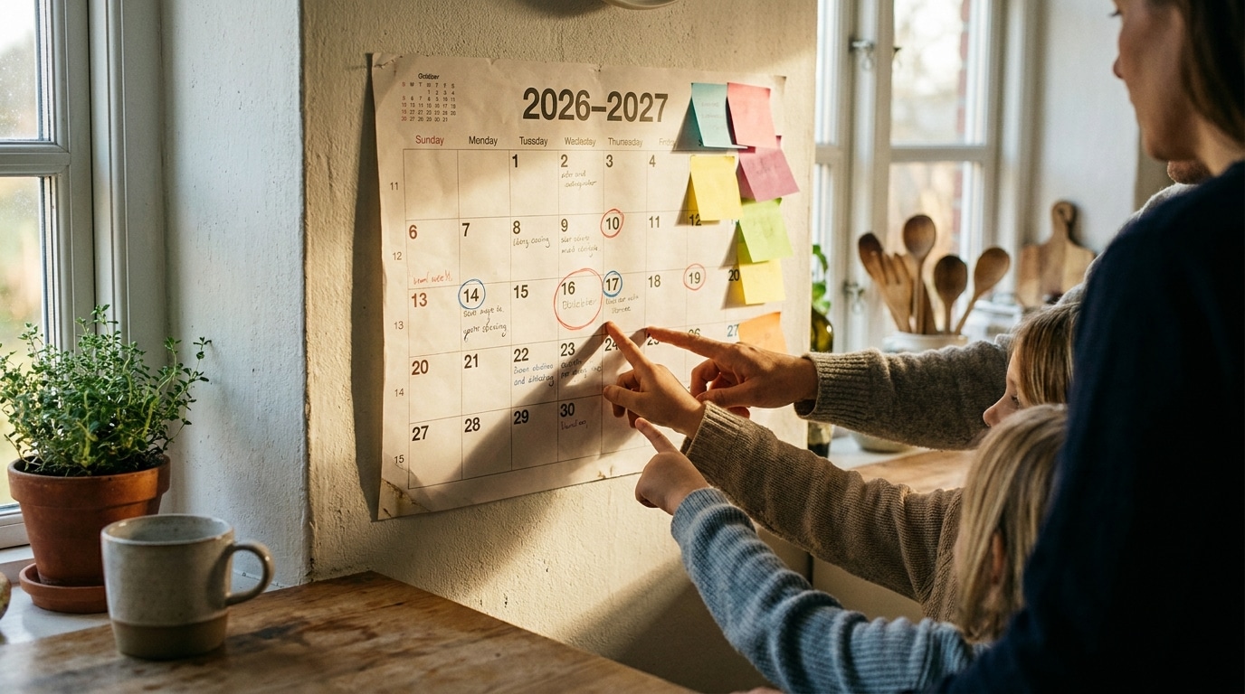 Calendrier mural avec dates de vacances entourées au feutre