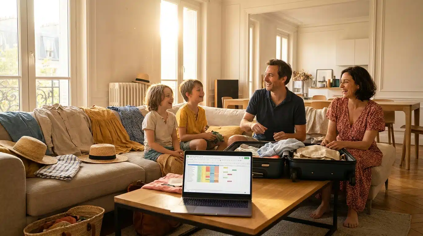 Famille préparant ses valises dans un salon lumineux