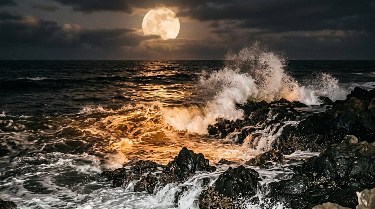 Vagues océaniques sous la pleine lune dorée