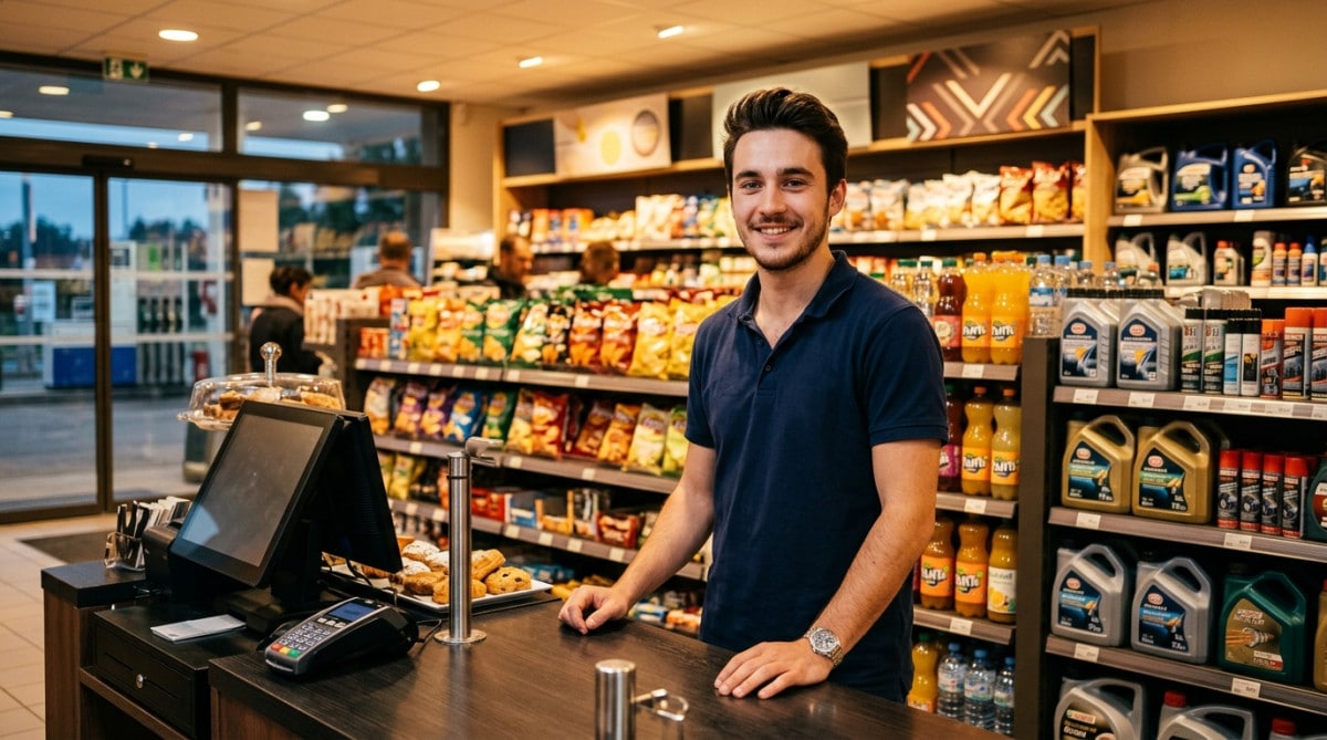 Valentin employé de station-service derrière le comptoir