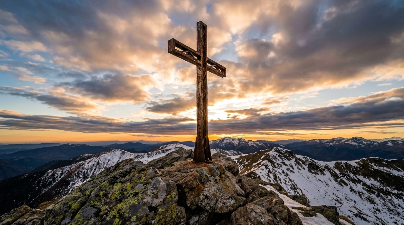 Croix métallique au sommet rocheux d'un pic pyrénéen