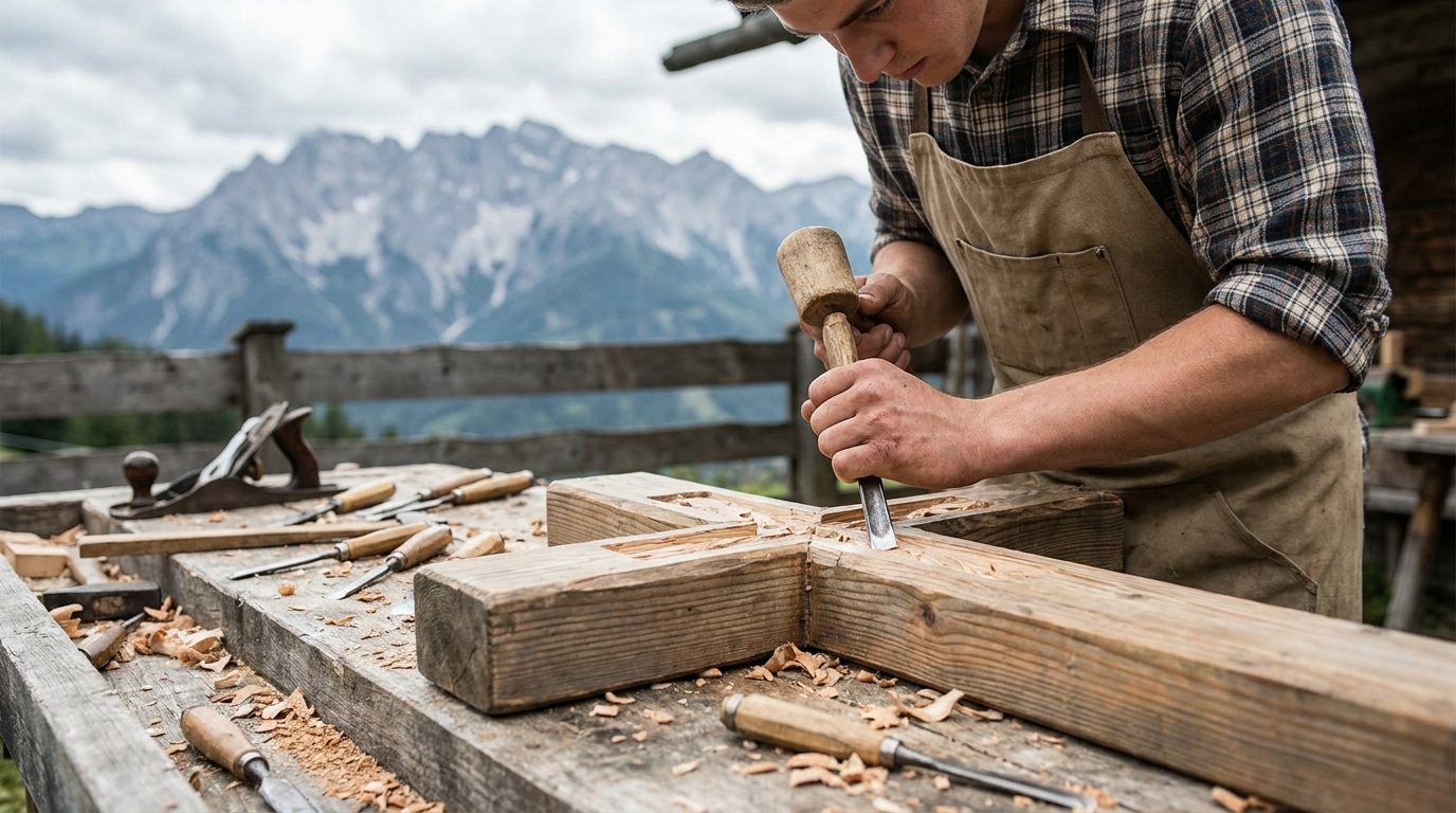 Mains sculptant une croix en bois dans un atelier extérieur
