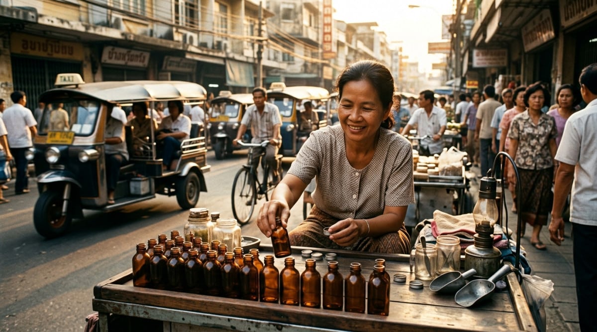 Vendeur thaïlandais de tonique énergisant en bouteille de verre
