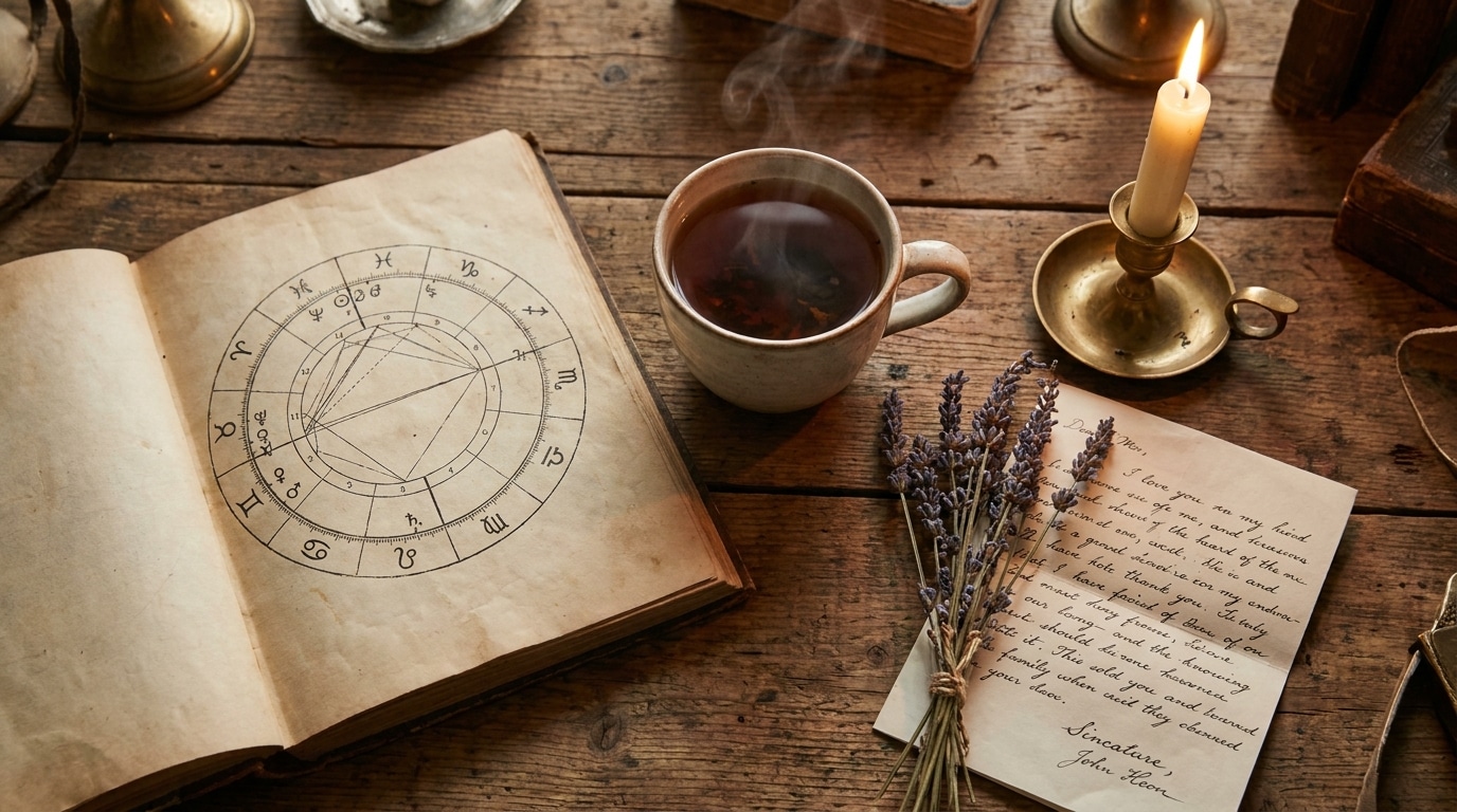 Table en bois avec carte astrologique et lavande séchée