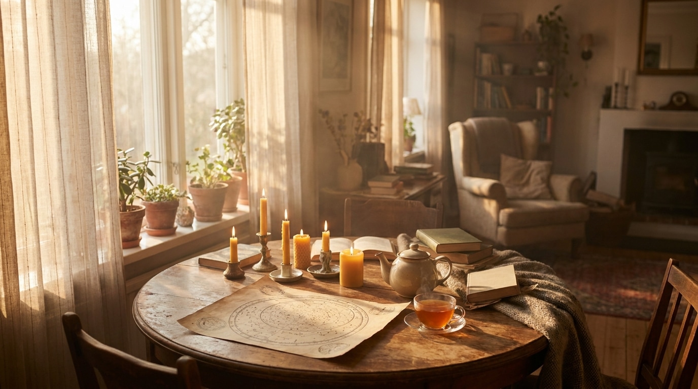 Intérieur chaleureux avec carte céleste et bougies au coucher du soleil
