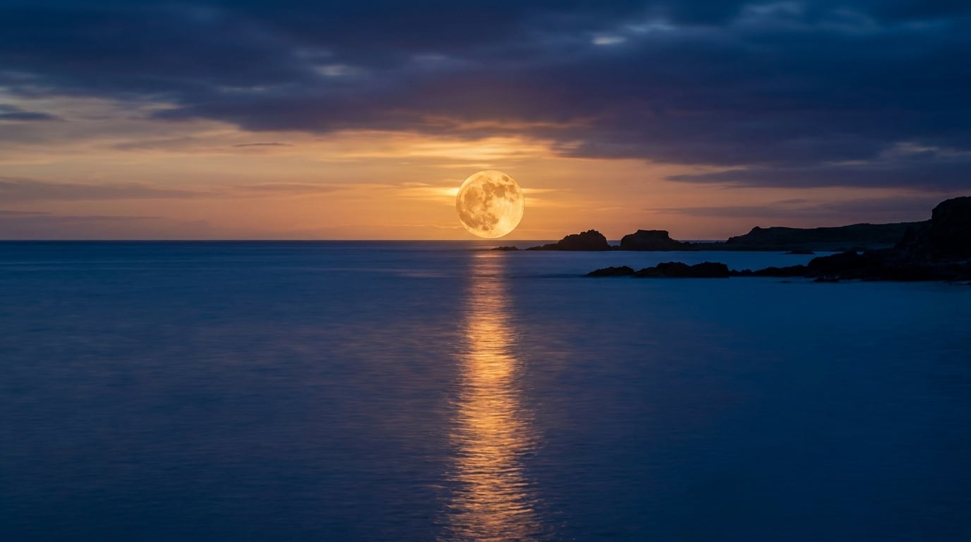 Pleine lune dorée se levant au-dessus de la mer au crépuscule