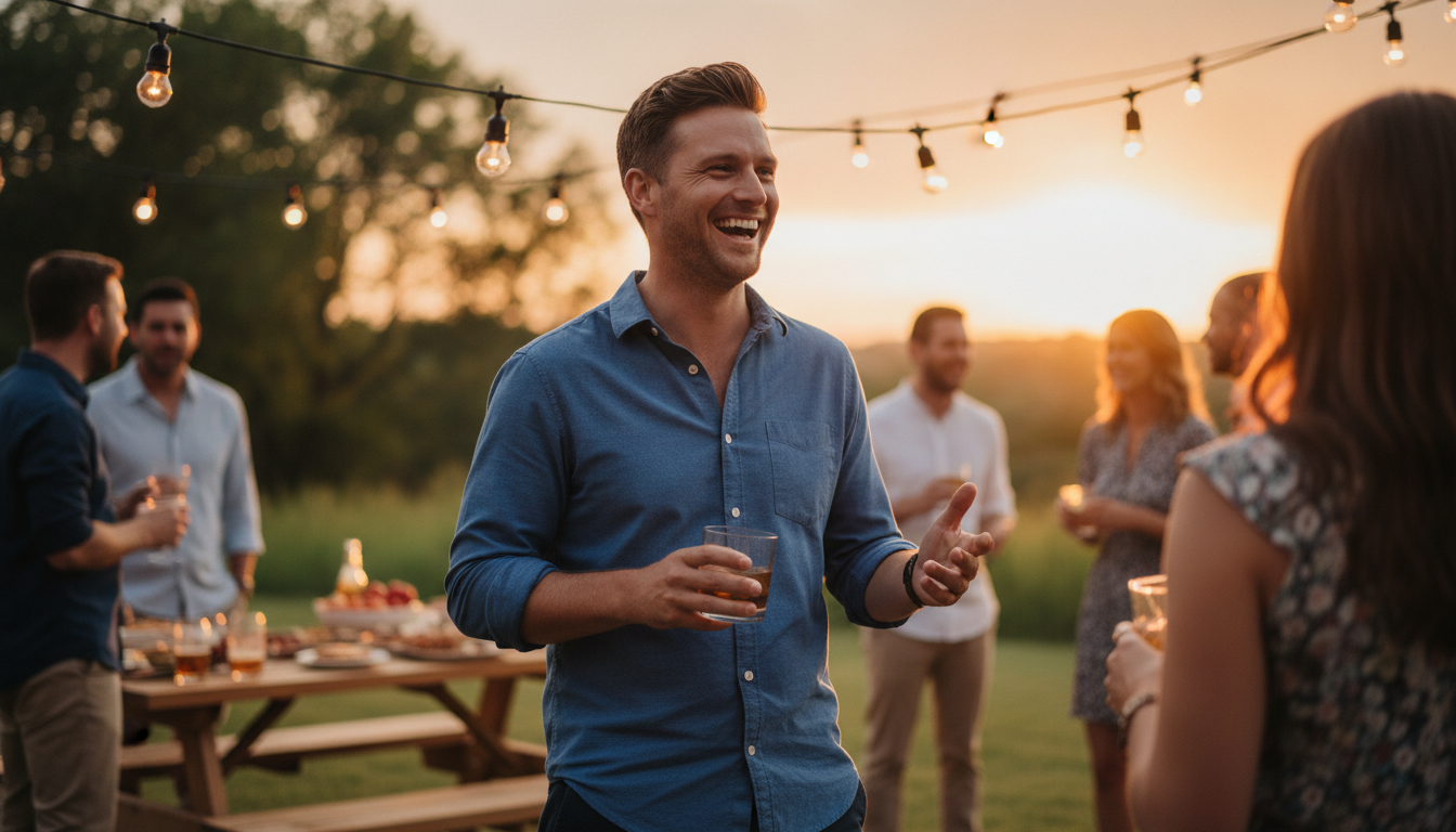 Homme riant lors d'une soirée d'été en plein air