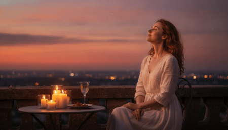Femme rêveuse sur un balcon au coucher du soleil estival