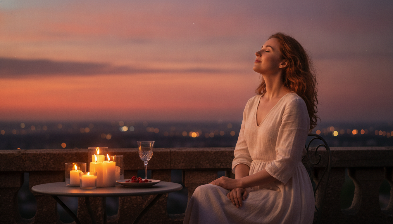 Femme rêveuse sur un balcon au coucher du soleil estival