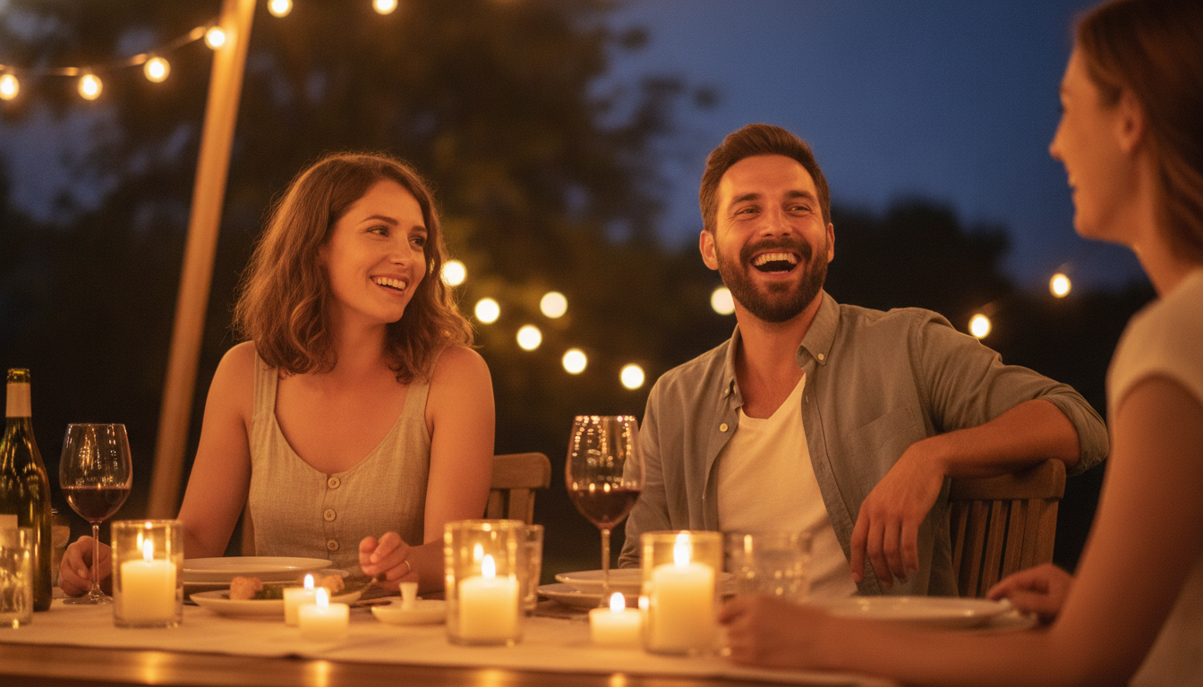 Amis riant à un dîner en plein air sous des guirlandes