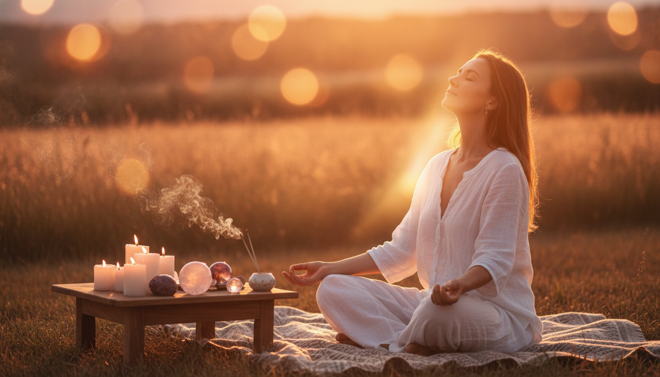 Personne méditant au soleil couchant après le solstice d'été