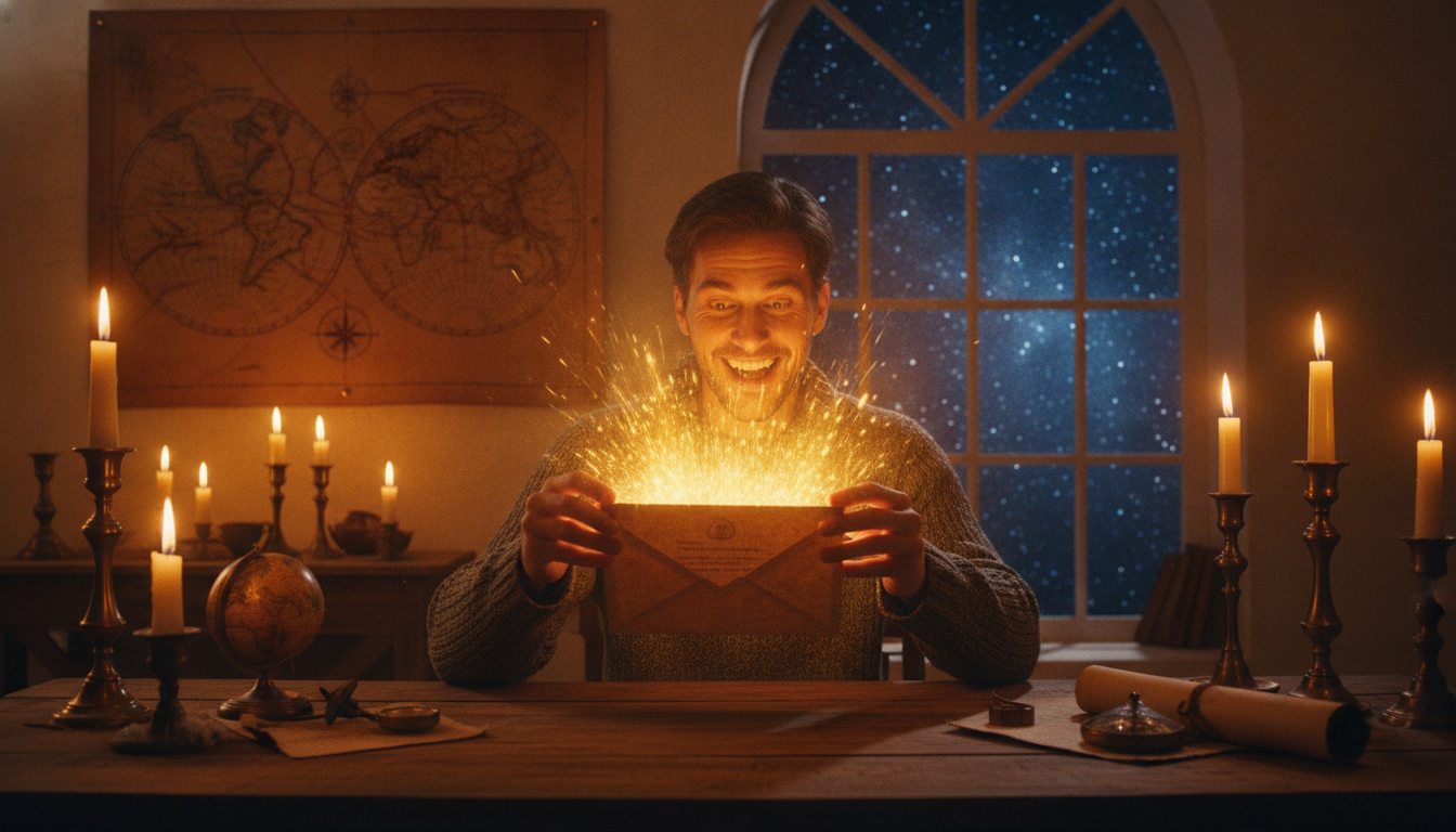 Personne ouvrant une enveloppe lumineuse dans une ambiance mystique