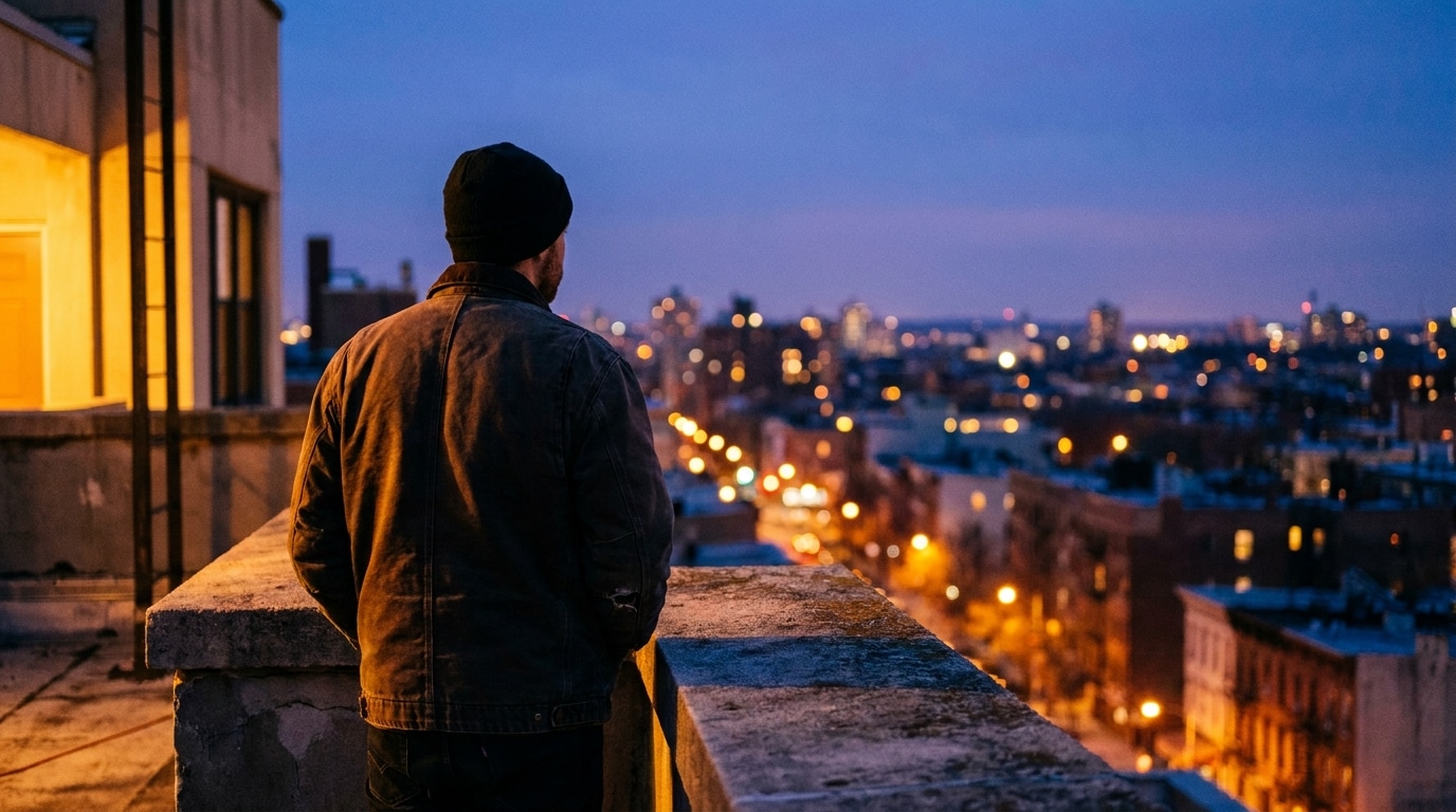 Silhouette contemplative sur une terrasse au crépuscule