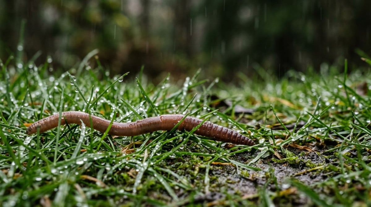 Ver de terre glissant sur l'herbe humide sous la pluie