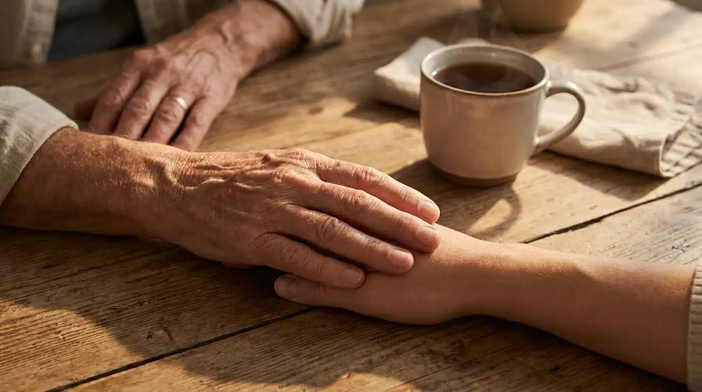 Mains entrelacées d'un parent et d'un enfant sur une table
