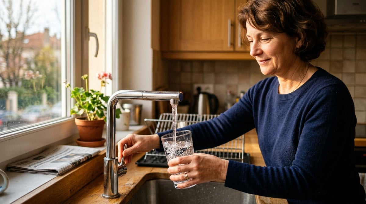 Verre d'eau rempli au robinet dans une cuisine française