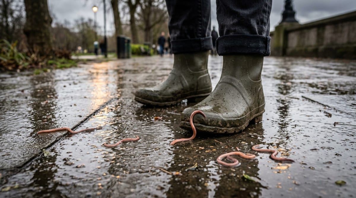 Vers de terre sur un trottoir mouillé après la pluie