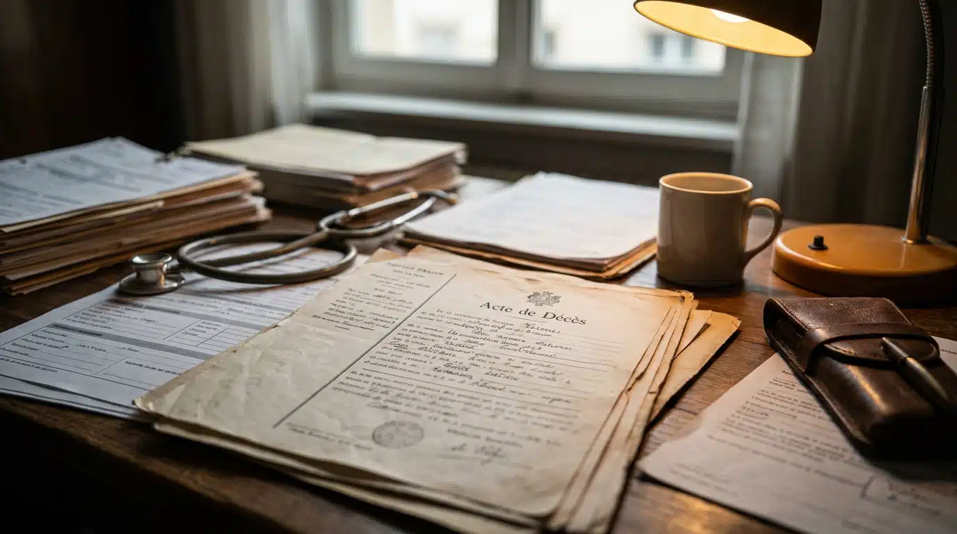Certificat médical et stéthoscope posés sur un bureau