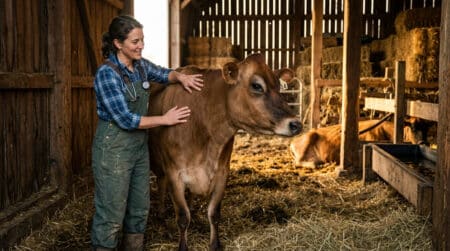 Vétérinaire rurale examinant une vache dans une étable