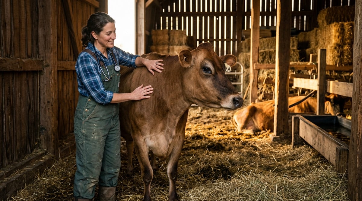 Vétérinaire rurale examinant une vache dans une étable