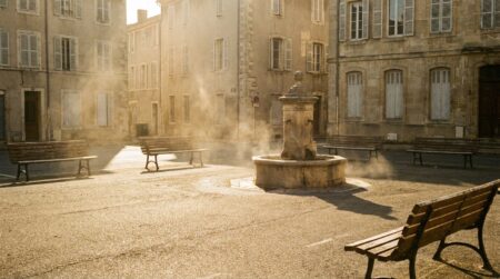 Place de ville française déserte sous une chaleur écrasante