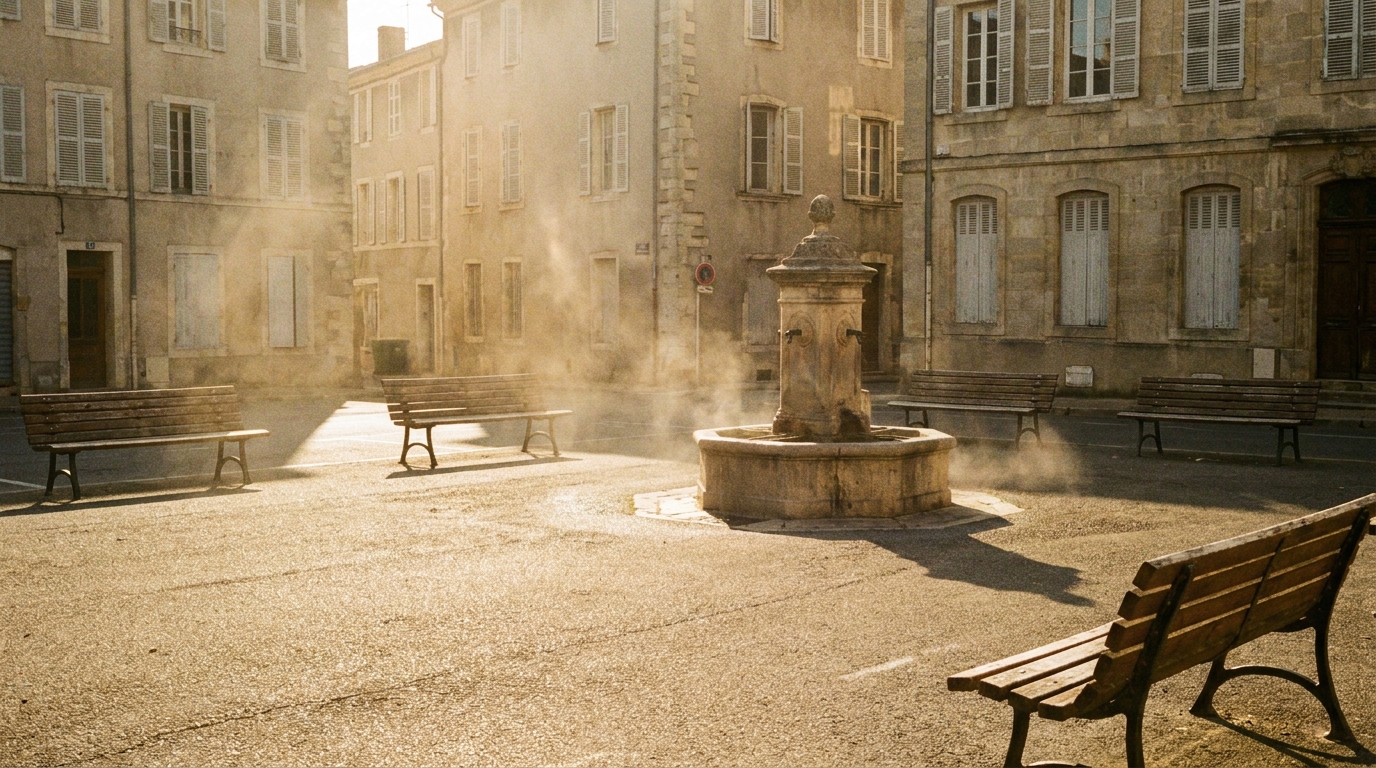 Place de ville française déserte sous une chaleur écrasante