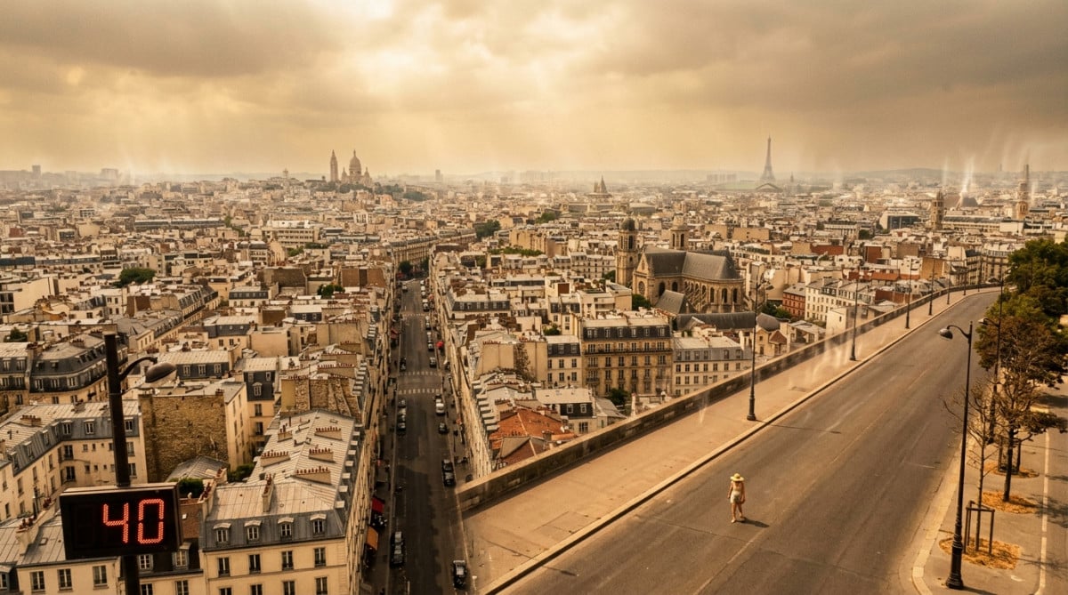Ville française sous un ciel voilé et chaleur écrasante