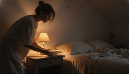 Femme posant un bol de vinaigre blanc sur sa table de nuit