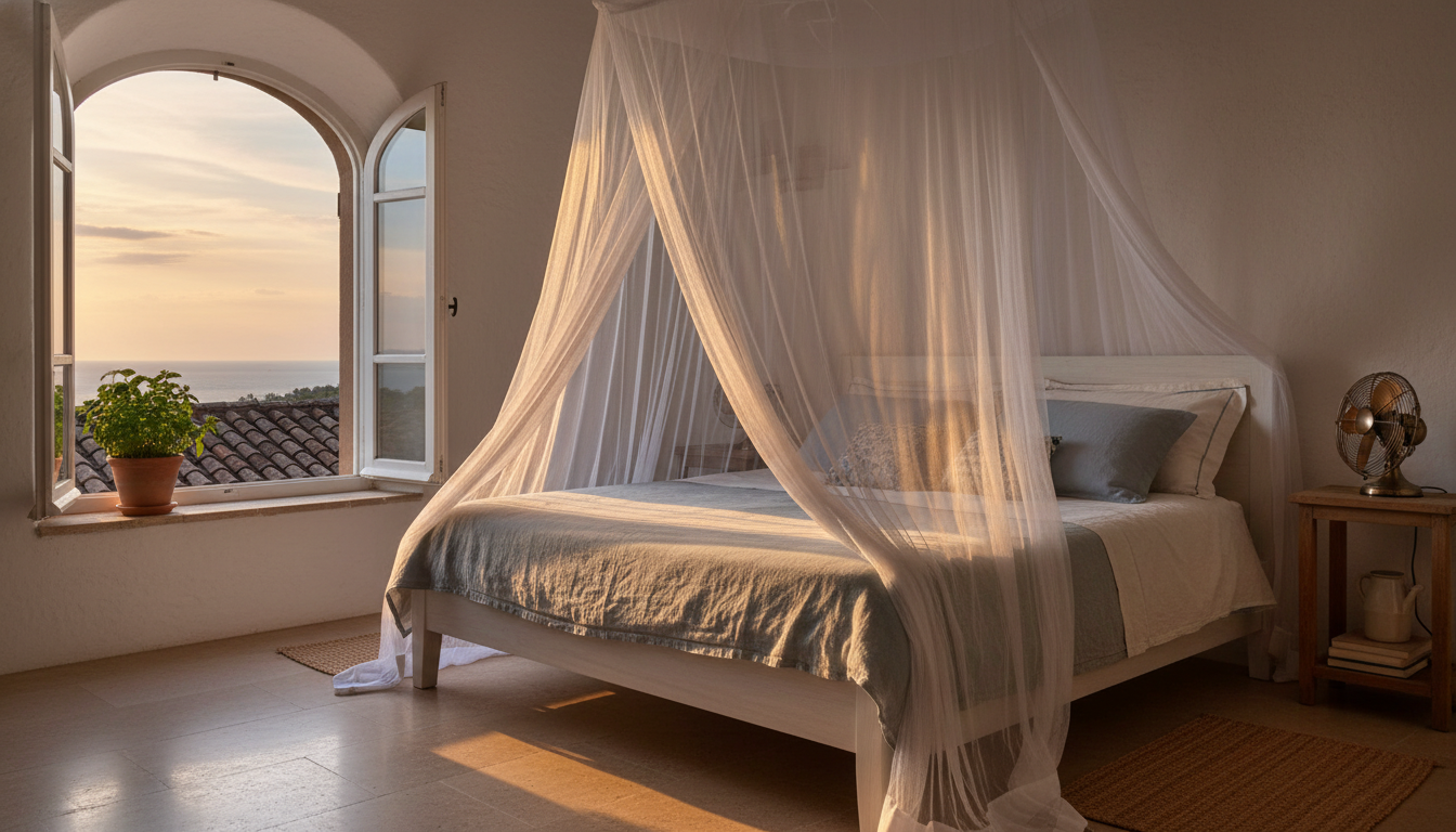 Moustiquaire au-dessus d'un lit avec ventilateur et basilic en pot