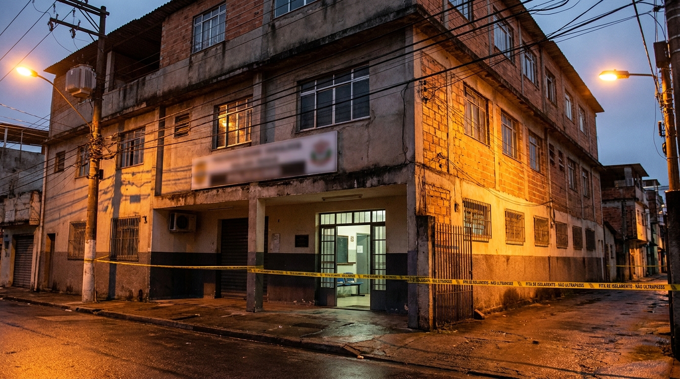 Extérieur d'un commissariat de São Paulo au crépuscule