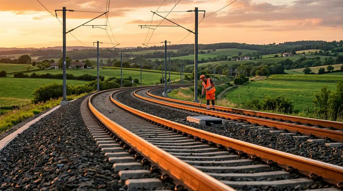 Voies ferrées à grande vitesse en France au coucher du soleil