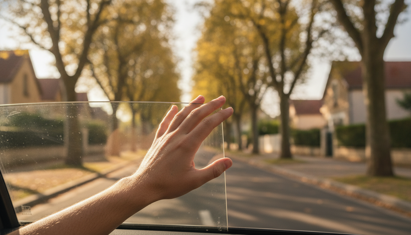 Vitre de voiture entrouverte sous le soleil en été