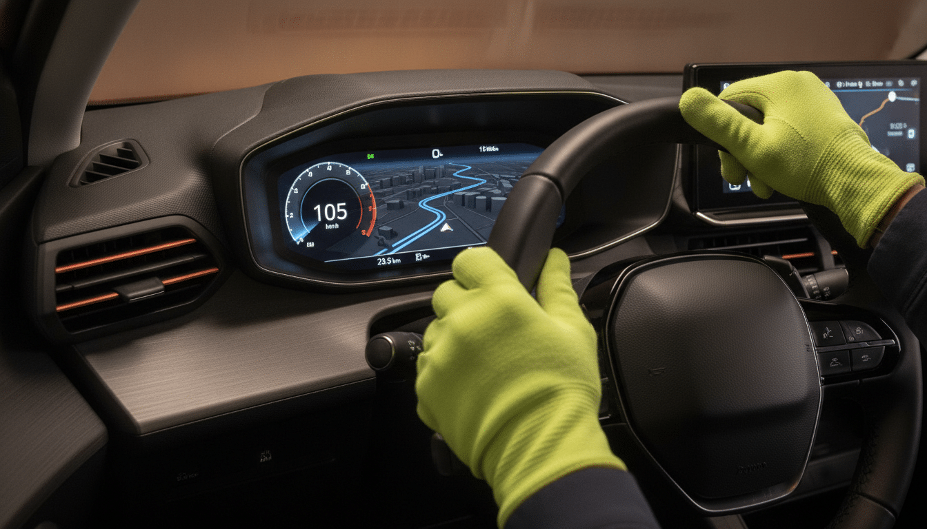 Intérieur d'une voiture-radar avec écran GPS et chauffeur