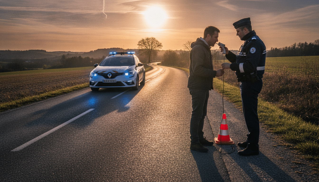 Contrôle d'alcoolémie par un policier au bord d'une route