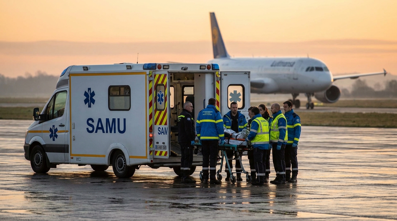 Ambulance du Samu sur le tarmac d'un aéroport
