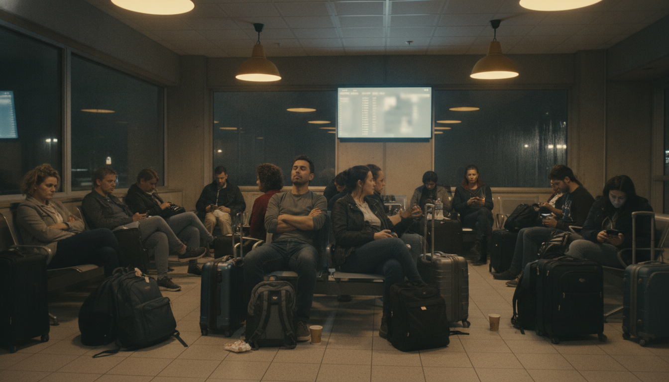 Passagers frustrés attendant dans un terminal d'aéroport