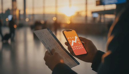 Voyageur tenant un billet d'avion avec notification de hausse de prix