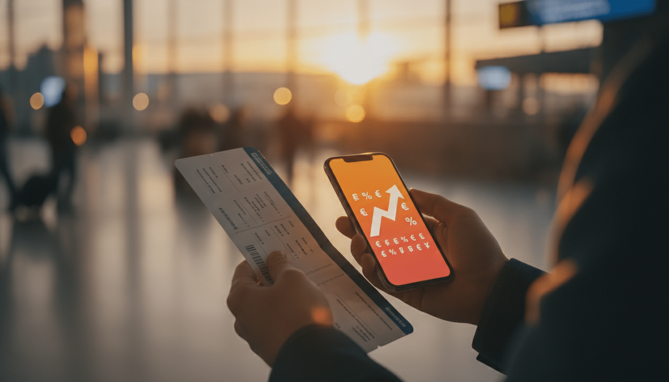 Voyageur tenant un billet d'avion avec notification de hausse de prix