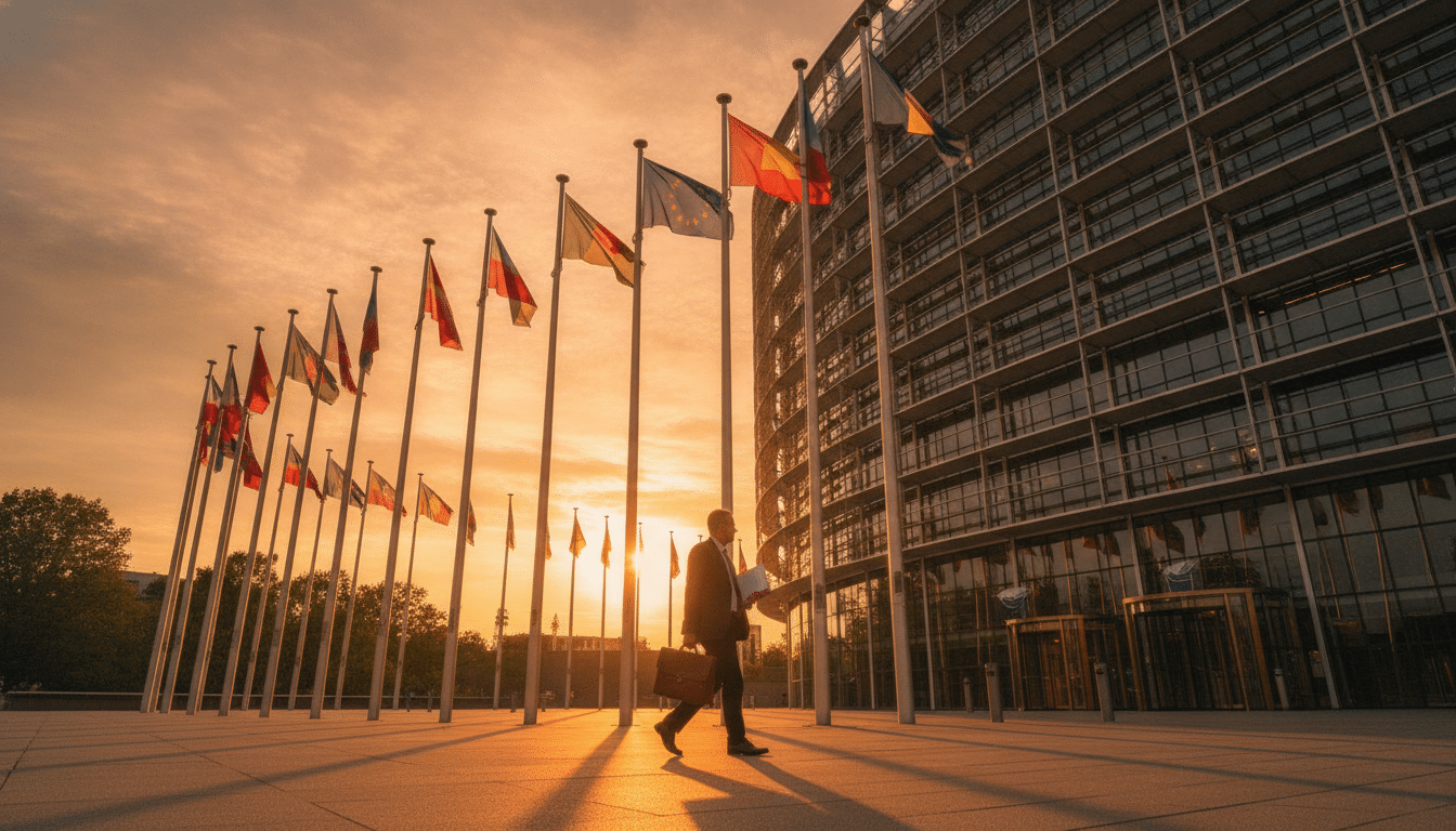 Bâtiment du Parlement européen à Bruxelles au coucher du soleil