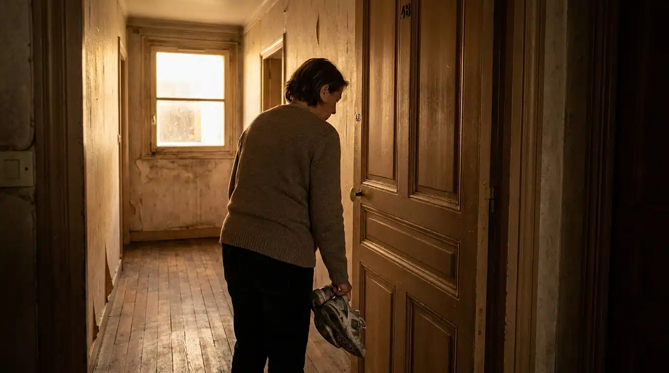 Femme âgée de dos tenant des chaussures dans un couloir sombre