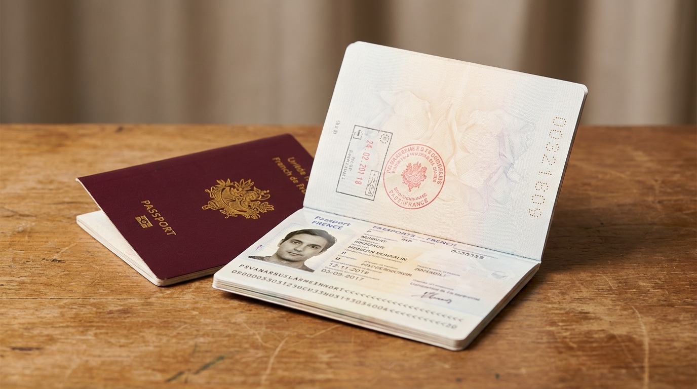 Passeport français ouvert posé sur un bureau en bois