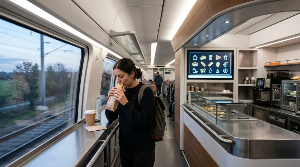 Voyageur debout au bar d'un TGV moderne en 2026