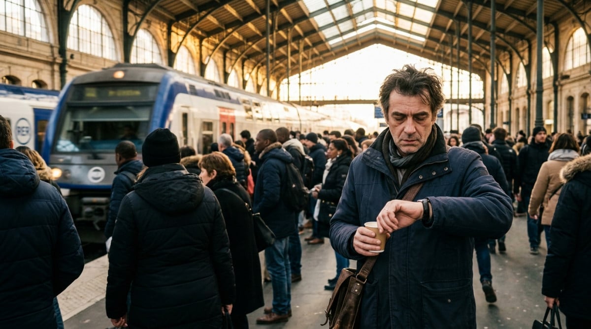 Voyageur fatigué attendant son train aux heures de pointe