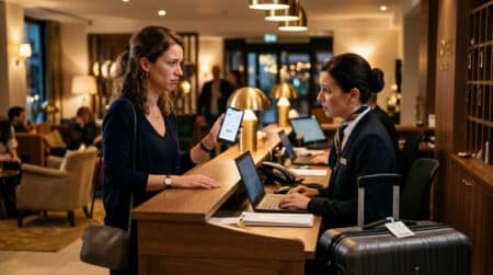 Voyageur frustré à la réception d'un hôtel