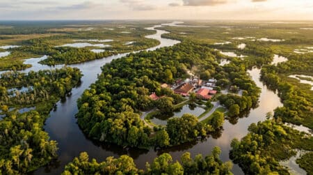 Vue aérienne d'Avery Island en Louisiane entourée de bayous