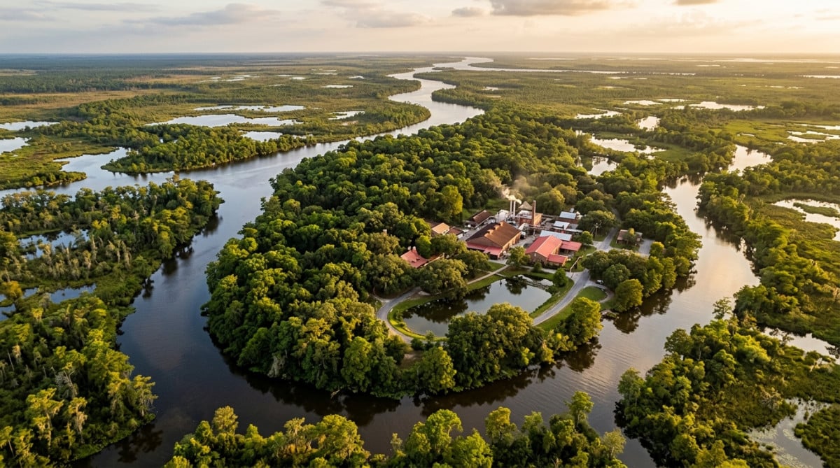 Vue aérienne d'Avery Island en Louisiane entourée de bayous