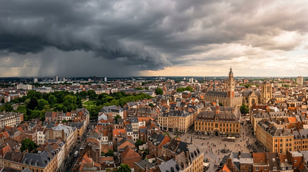 Vue aérienne de Lille sous des nuages de pluie menaçants