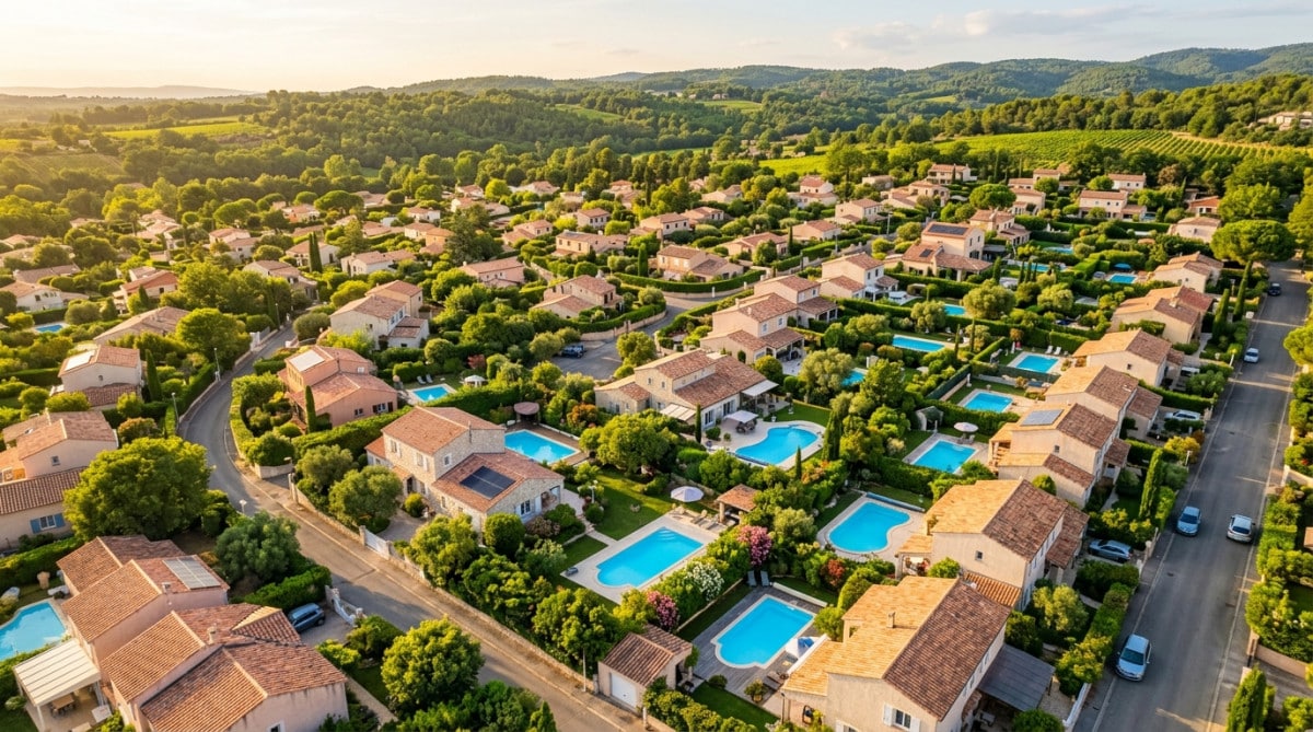 Vue aérienne de piscines privées dans un quartier résidentiel français